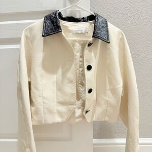 Cream leather Jacket with Black Collar